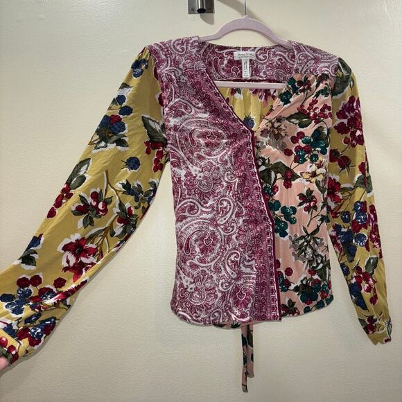Anthropologie Floral Patchwork Top- Meadow Rue Long Sleeve Wrap Blouse- Size 0 - Picture 7 of 14